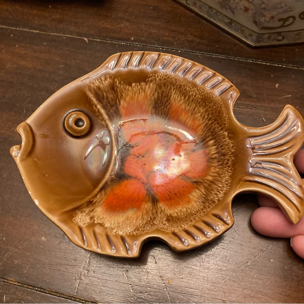 AS IS Vintage Ceramic Fish Trinket Tray Orange Brown